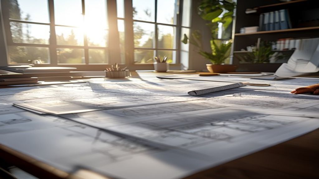 A person sketches a custom home design on blueprints, surrounded by tools and building materials.
