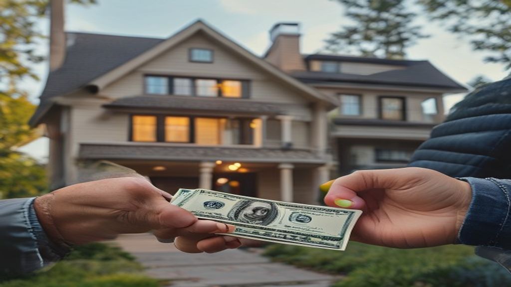 A smiling homeowner holding a stack of cash as they sign the deed for a new house purchase