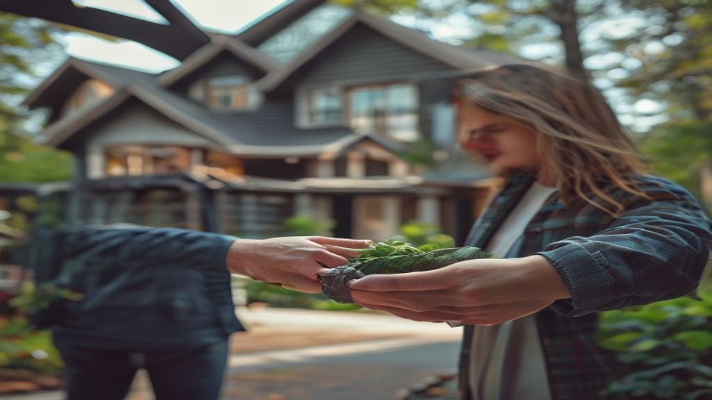 Couple reviewing floor plans while holding a sold sign, representing the excitement of buying a new home
