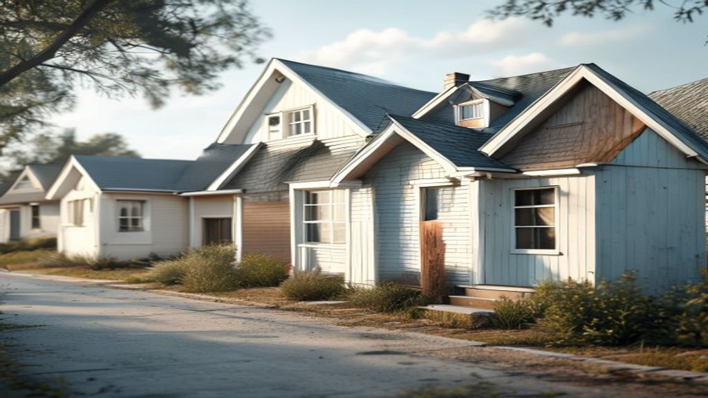 Affordable homes in a suburban neighborhood with modest price tags and welcoming front yards.