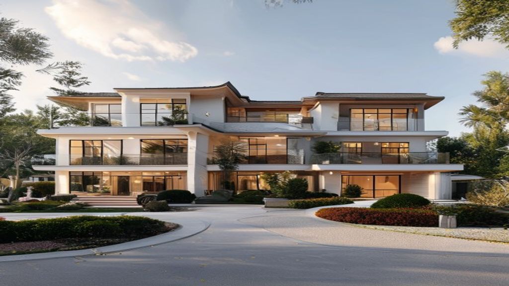 Elegant modern luxury homes with sleek architecture, large windows, and landscaped gardens