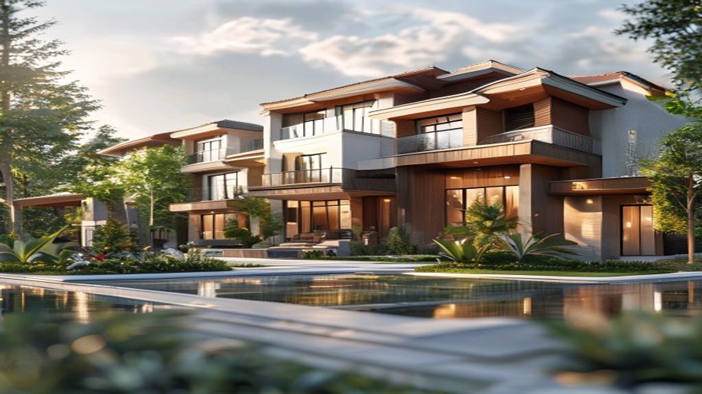 Spacious modern villa with floor-to-ceiling windows and private pool, showcasing upscale rental living.
