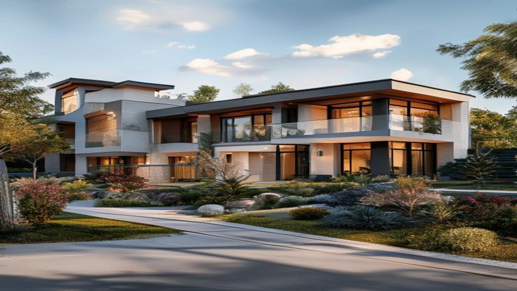 Contemporary luxury new build home featuring floor-to-ceiling windows, marble finishes, and a landscaped courtyard.