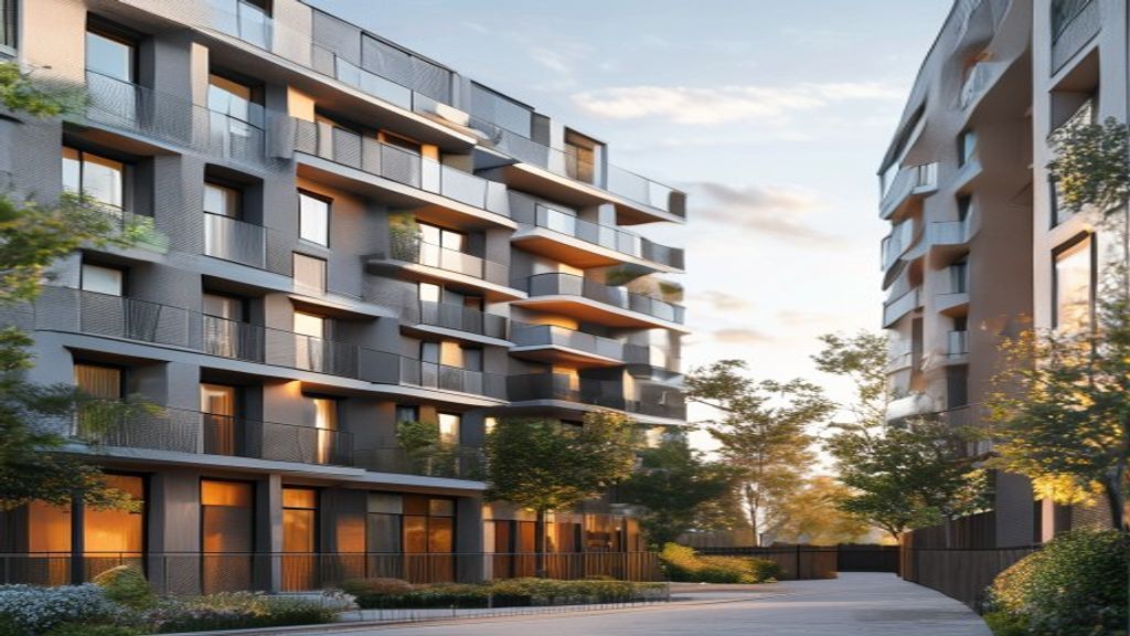 Modern new‑build flats with spacious balconies and sleek glass façades in a vibrant urban development