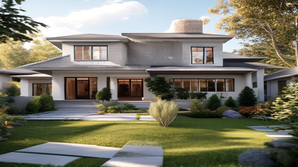 A bright, modern new home with a manicured lawn and solar panels.