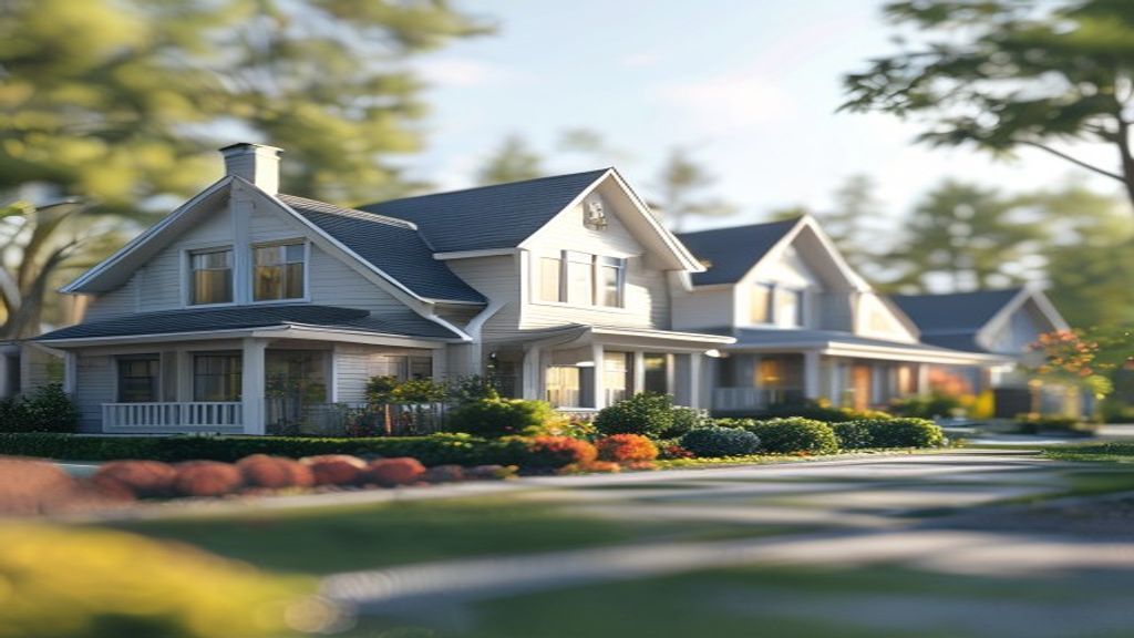 Modern two‑story home with a manicured front yard, showcasing new houses for sale in a quiet suburban neighborhood