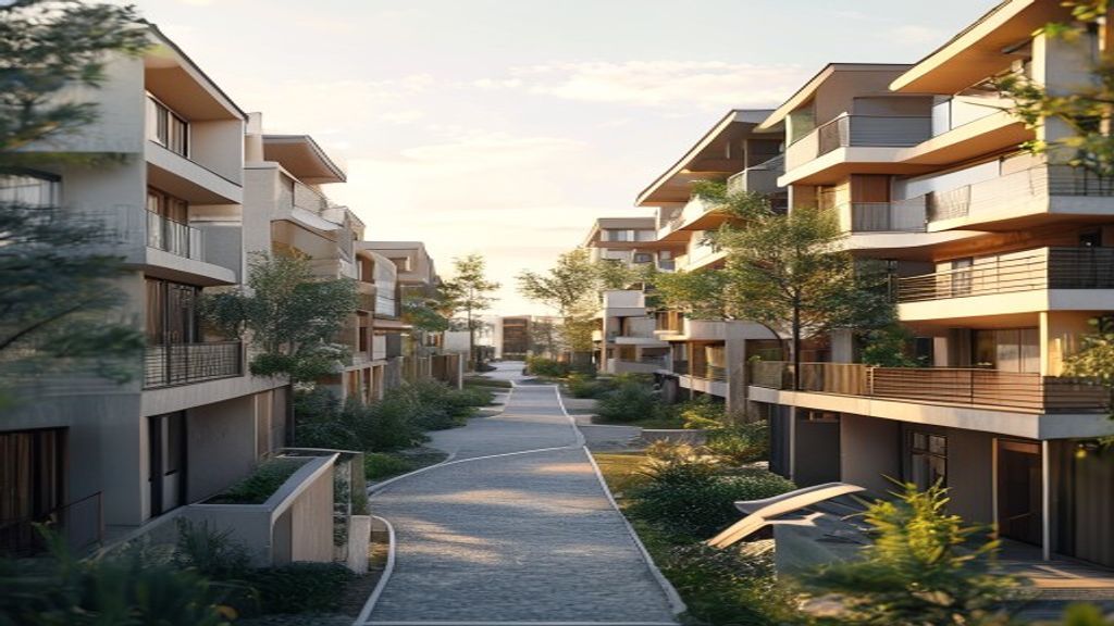 Aerial view of modern new housing developments with green spaces and walkable streets.