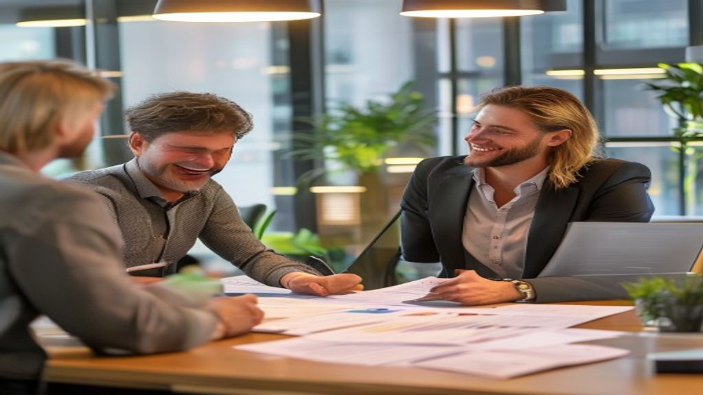 Professional real estate team collaborating in modern office setting with city view