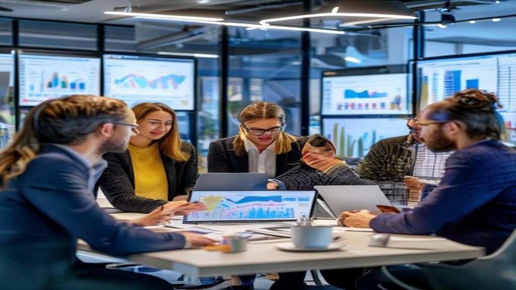 Professional real estate company team discussing property listings in modern office setting