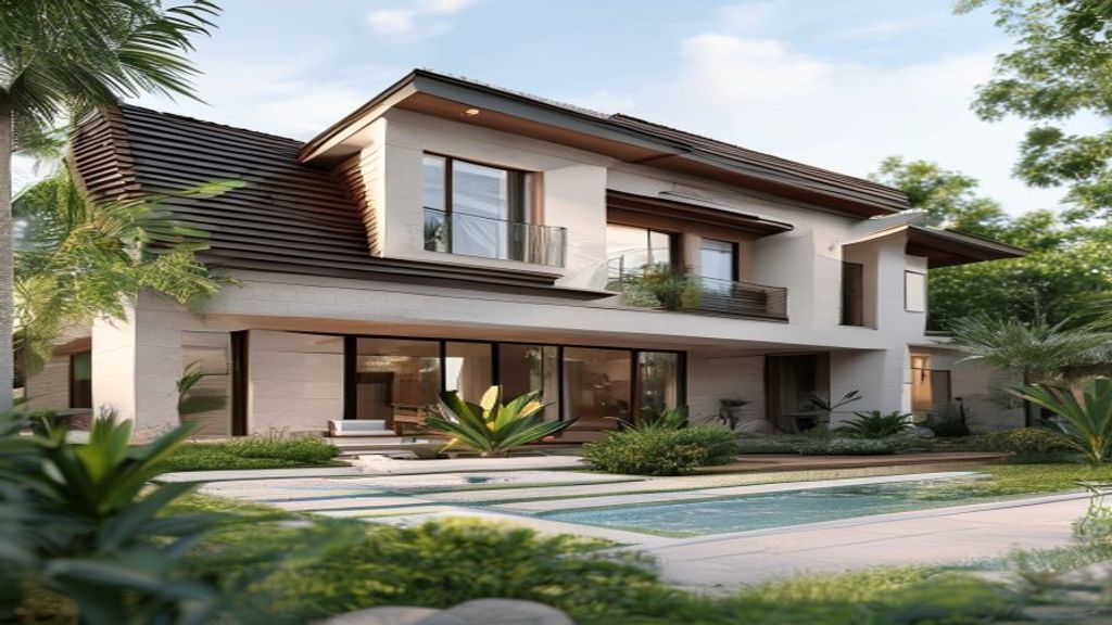 Spacious luxury villa exterior with private pool and garden, perfect for vacation rentals