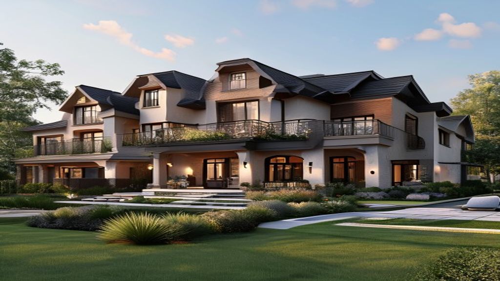 Elegant luxury homes showcasing modern architecture, spacious windows, and manicured gardens.