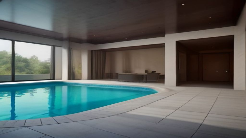 Luxurious modern house featuring a sparkling pool surrounded by landscaped garden.